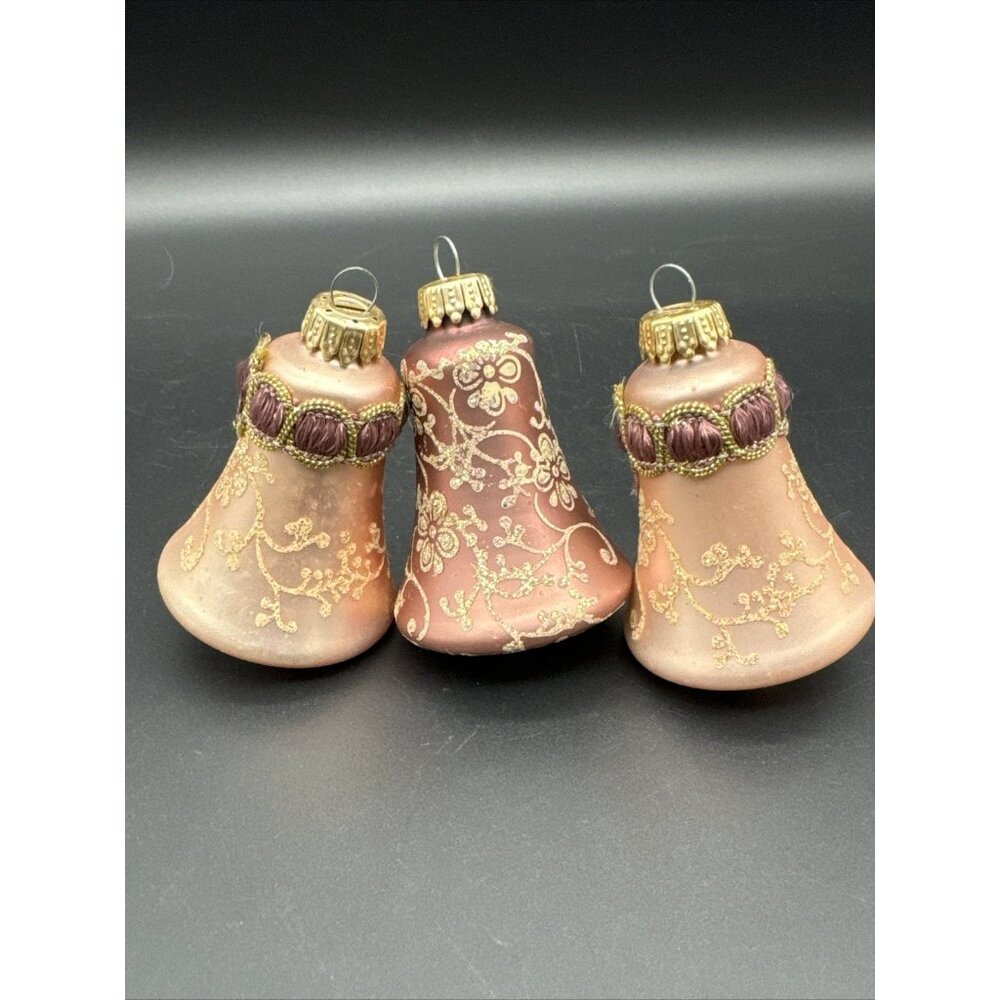 Vintage West Germany Bell Floral Glitter Purple Pink Ornament Set Christmas